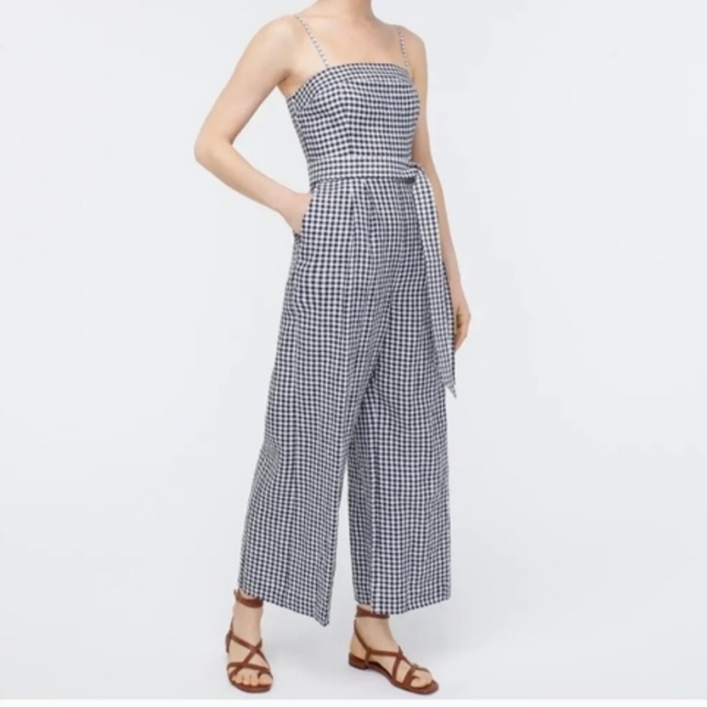 J. Crew Gingham Linen Jumpsuit Navy And White Size 10T